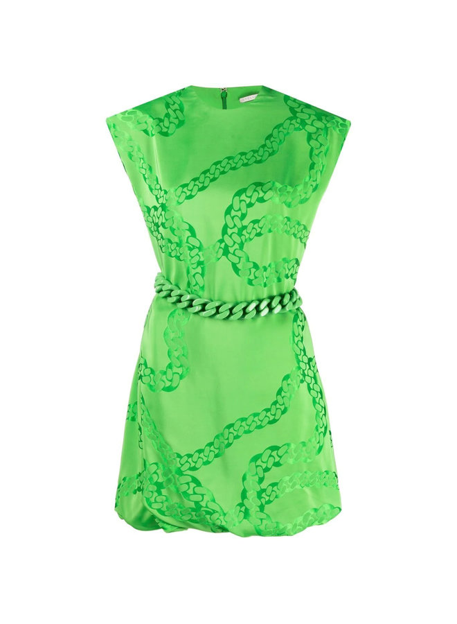 Chain-Embellished Puff Mini Dress in Bright Green