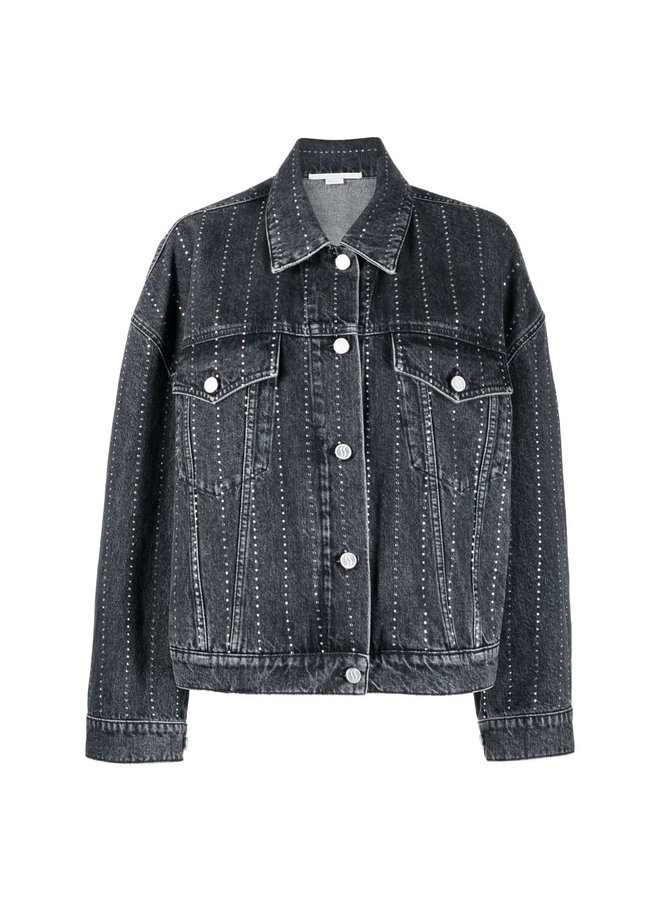 Crystal-Embellished Denim Jacket in Washed Black