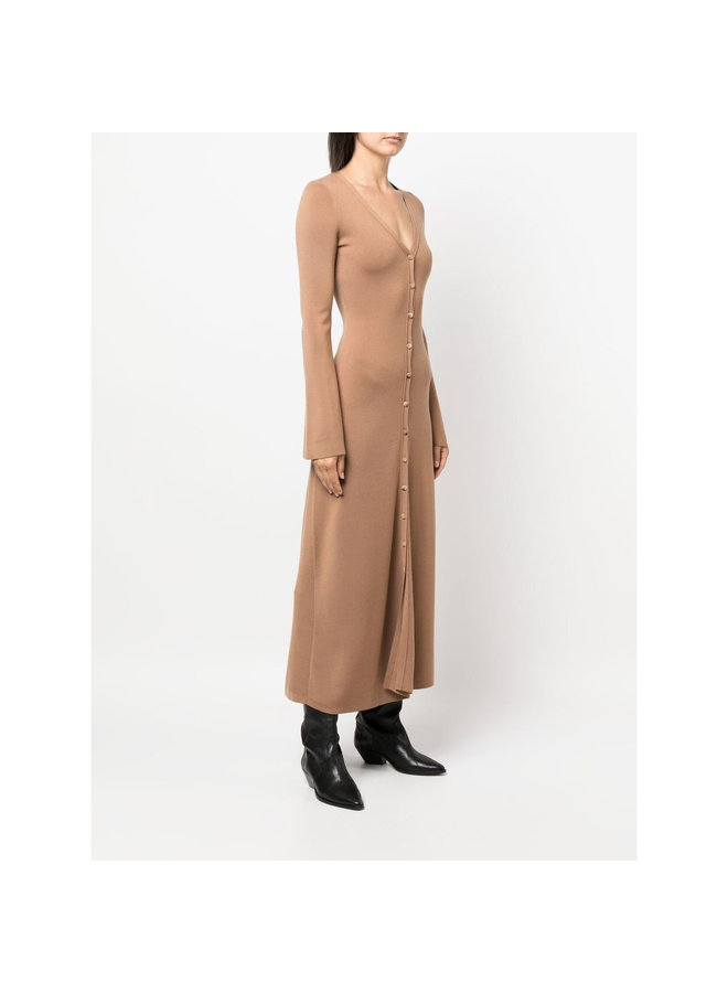 V-Neck Knitted Dress in Worn Brown