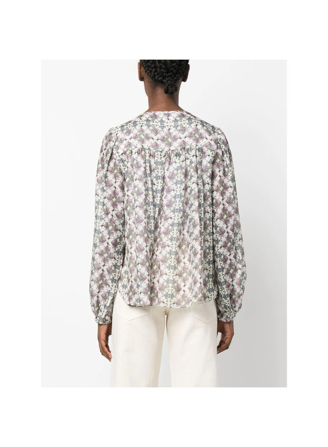 Long Sleeve Printed Blouse in Ecru