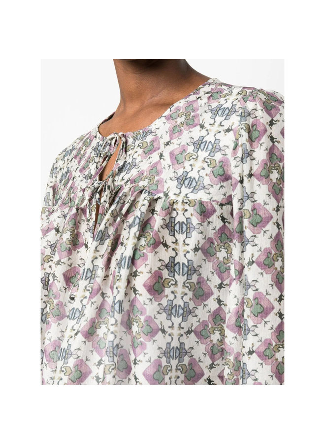 Long Sleeve Printed Blouse in Ecru