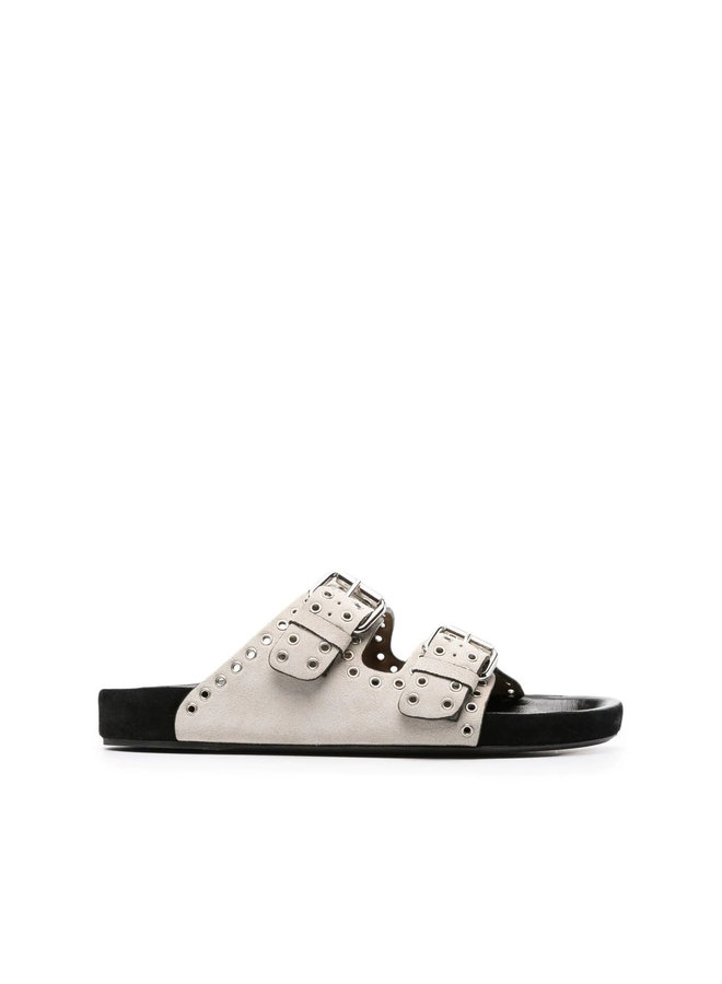 Lenny Double-Buckle Flat Sandals in Light Grey