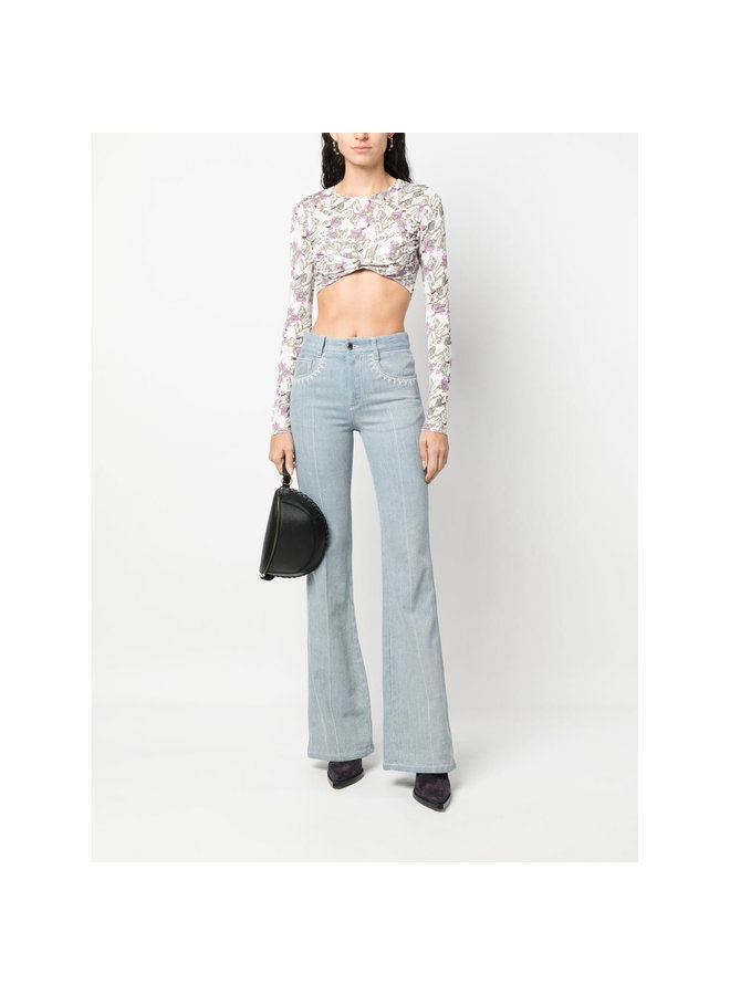 Long Sleeve Cropped Top in Graphic Print in White