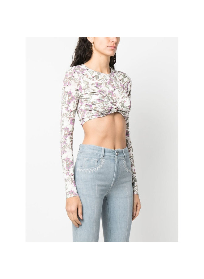 Long Sleeve Cropped Top in Graphic Print in White