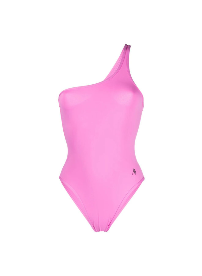 One-Shoulder Logo-Print Swimsuit in Hot Pink