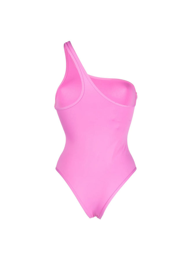 One-Shoulder Logo-Print Swimsuit in Hot Pink