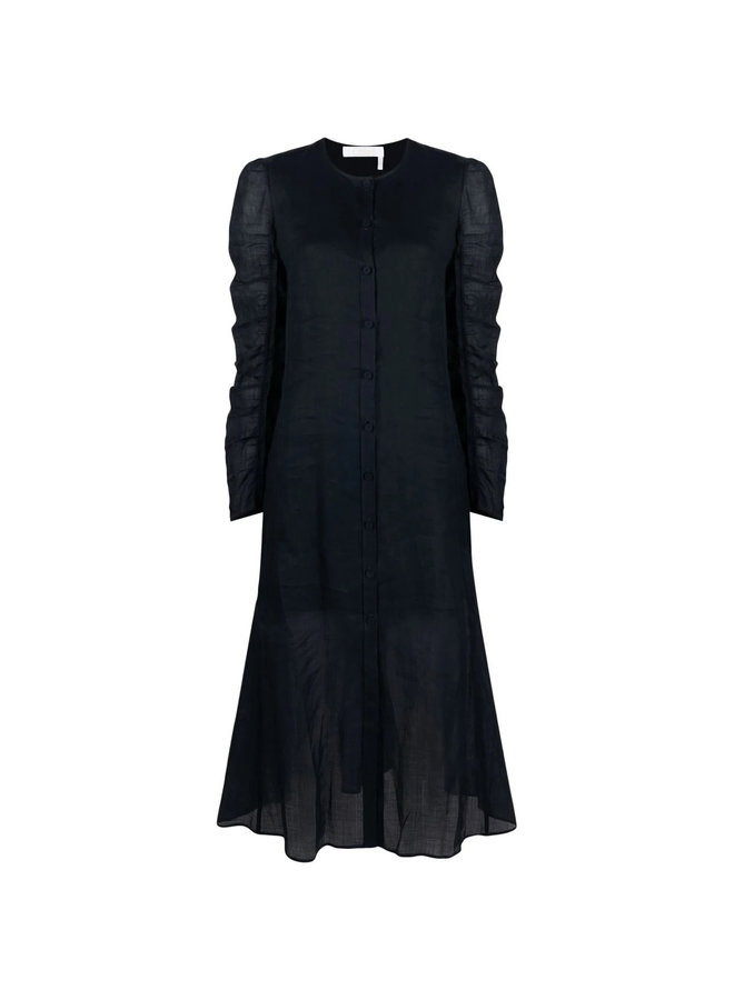 Ruched-Sleeve Buttoned Midi Dress in Ink Navy