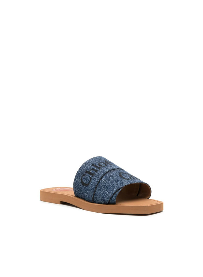 Woody Logo-Embroidered Denim Slides in Blue