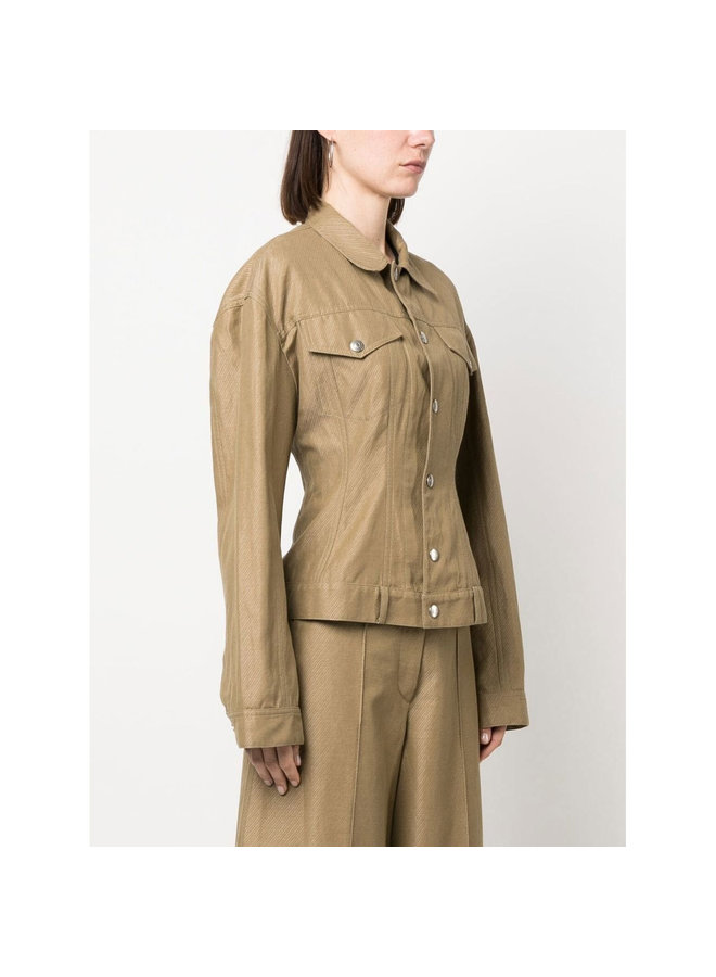 Fitted-Waist Button-Up Jacket in Khaki Beige