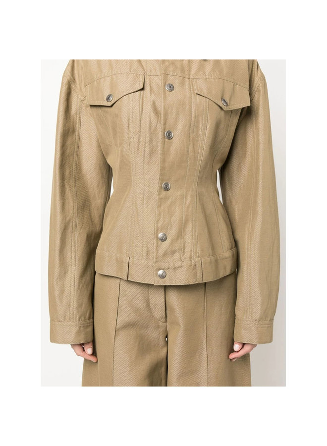 Fitted-Waist Button-Up Jacket in Khaki Beige