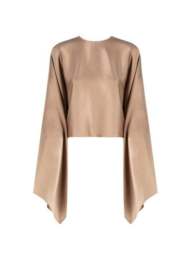 Draped Long Sleeve Cropped Blouse in Taupe