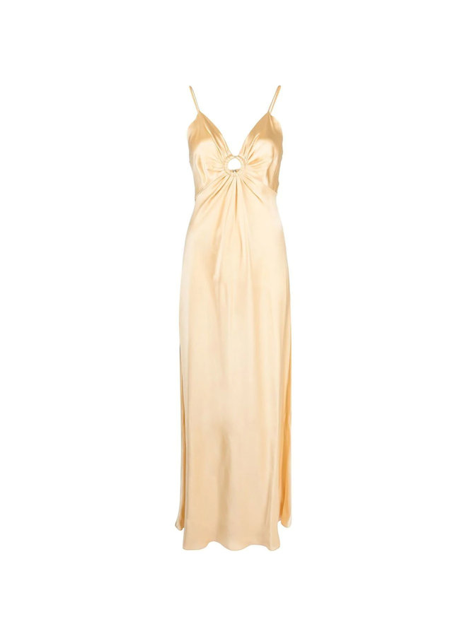 Long Maxi Dress with Ring-Detail in Custard