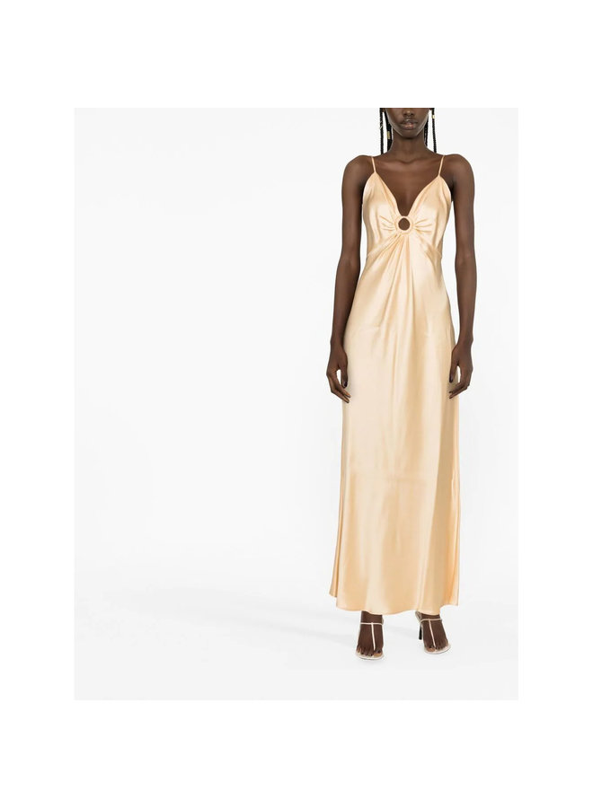Long Maxi Dress with Ring-Detail in Custard