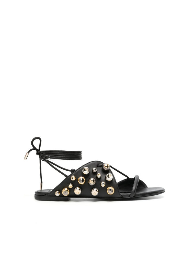 Flat Lace-Up Stud Sandals in Black