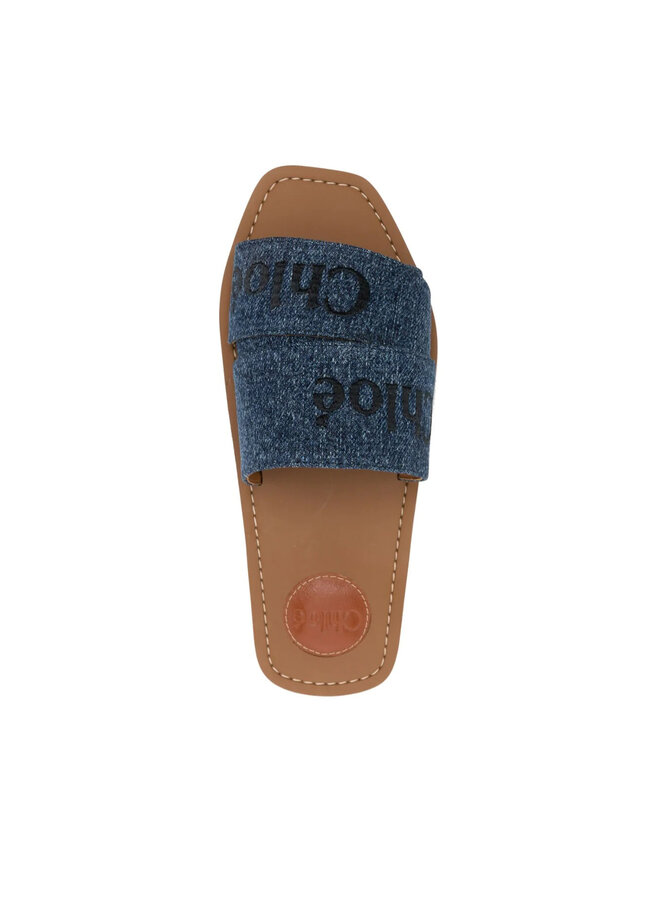 Woody Logo-Embroidered Denim Slides in Blue