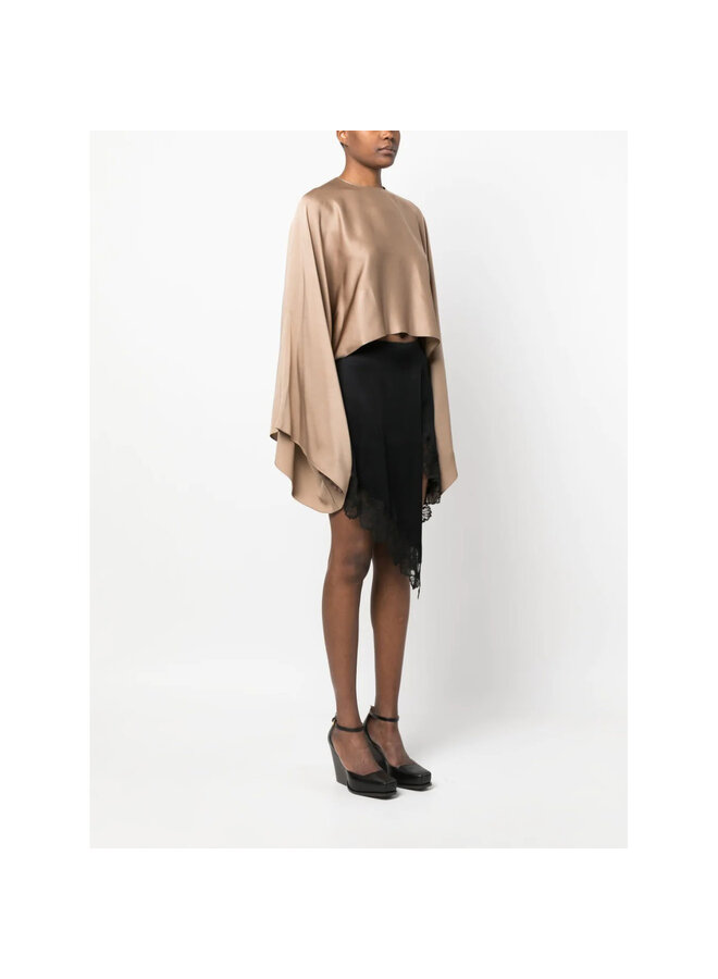 Draped Long Sleeve Cropped Blouse in Taupe