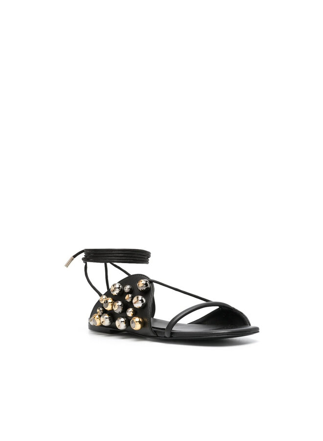 Flat Lace-Up Stud Sandals in Black