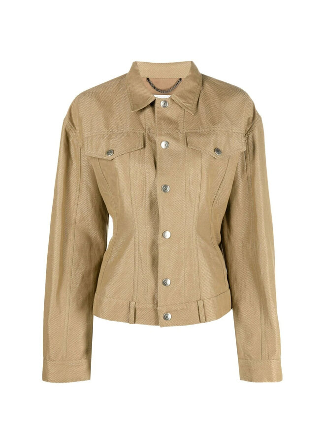 Fitted-Waist Button-Up Jacket in Khaki Beige