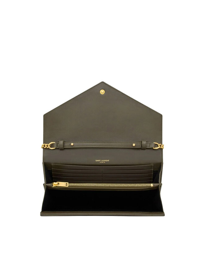 Cassandre Large Envelope Chain Wallet Bag in Khaki/Gold