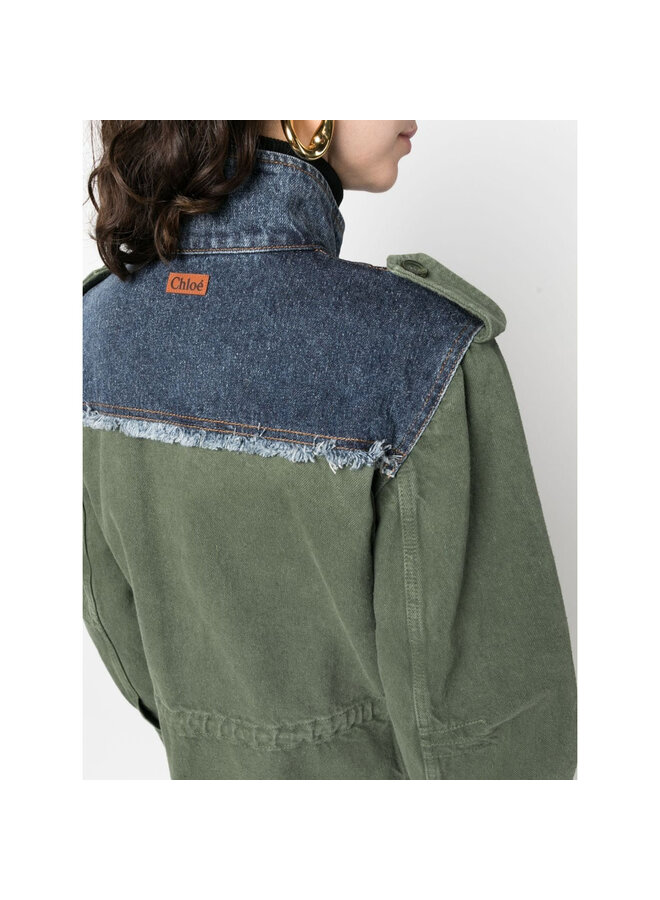 High Neck Long Sleeve Jacket in Green/Blue
