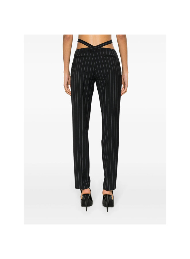 Cut-Out Pinstriped Tailored Pants in Navy Blue