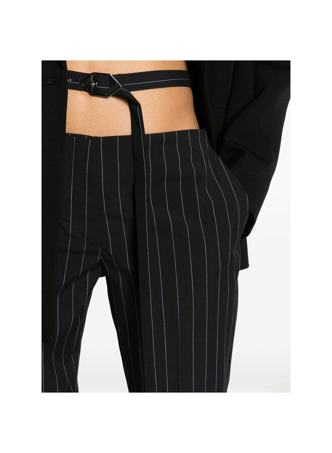 Cut-Out Pinstriped Tailored Pants in Navy Blue