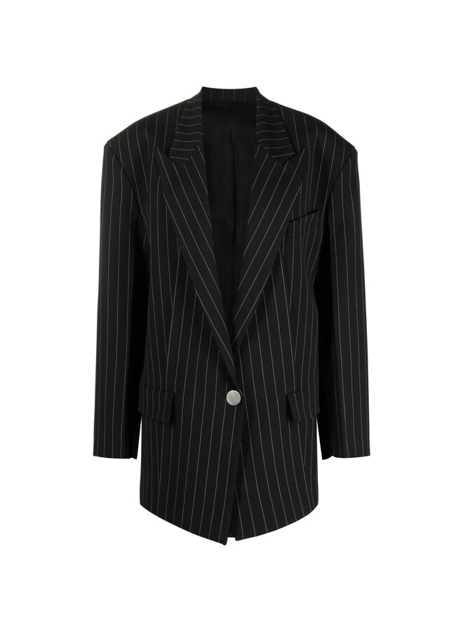 Single Breasted Pinstripe Blazer Jacket in Navy Blue