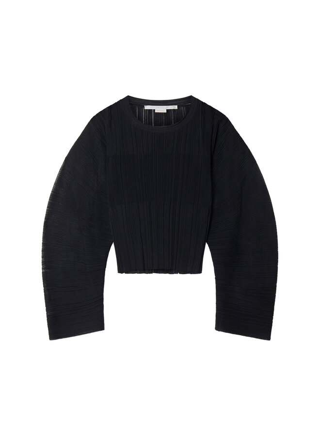 Round Neck Knitted Plissé Effect Top in Black
