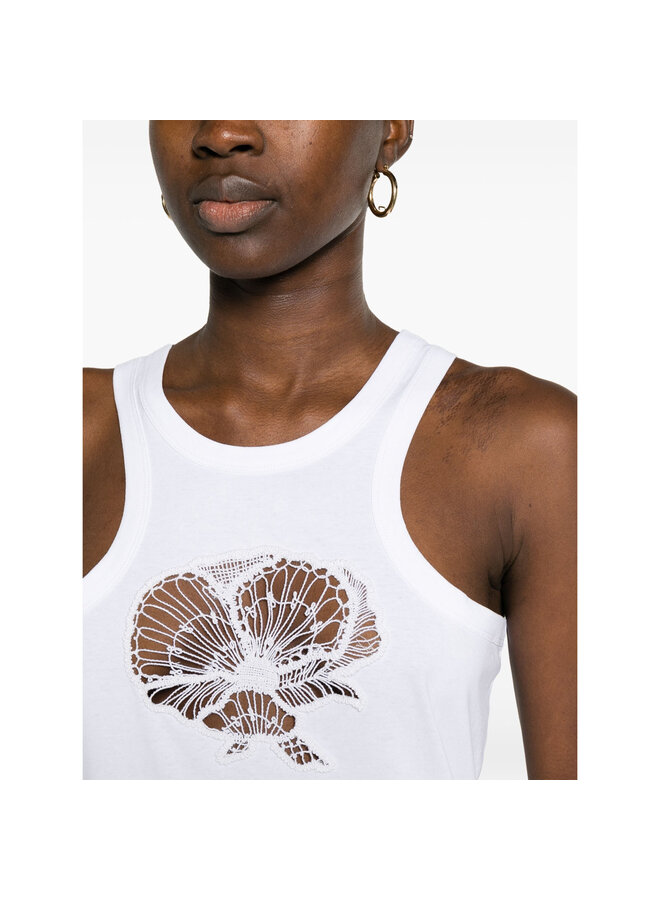 Floral Embroidered Tank Top in Pure White