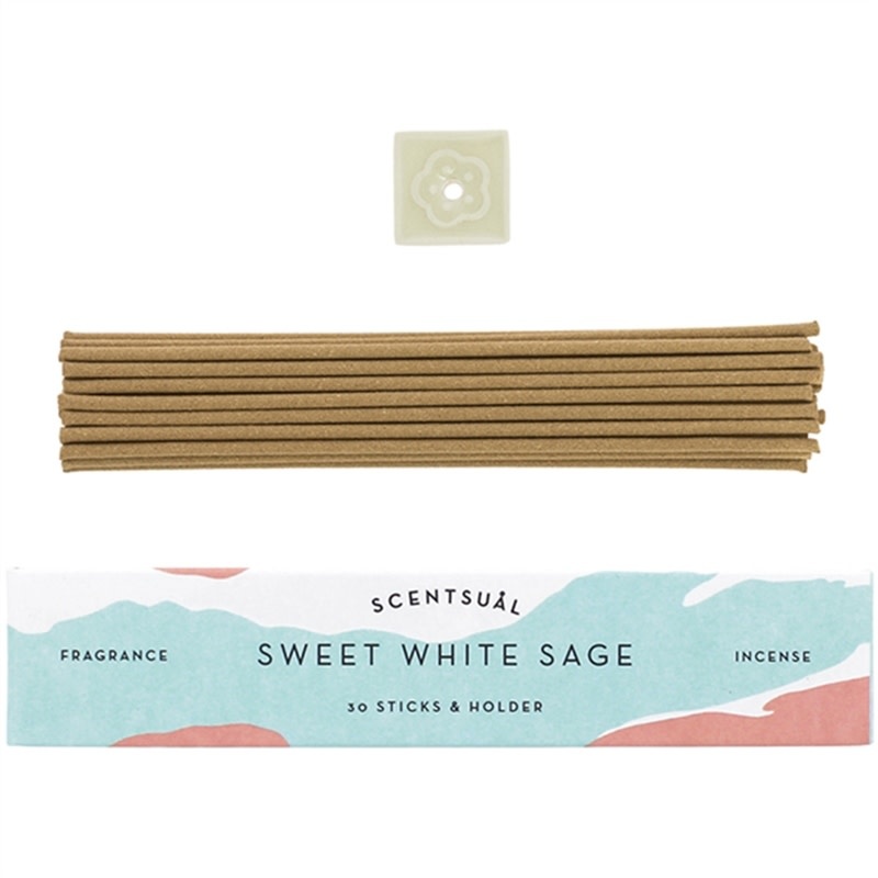 SCENTSUAL SWEET WHITE SAGE (30 CORELESS INCENSE STICKS W/ HOLDER)