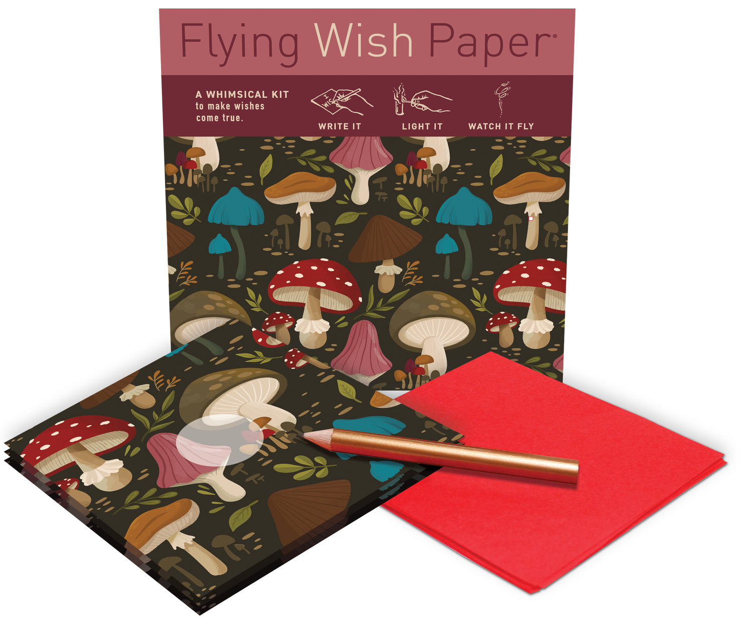 FLYING WISH PAPER MINI KIT W/ 15 WISHES & ACCESSORIES, MUSHROOMS