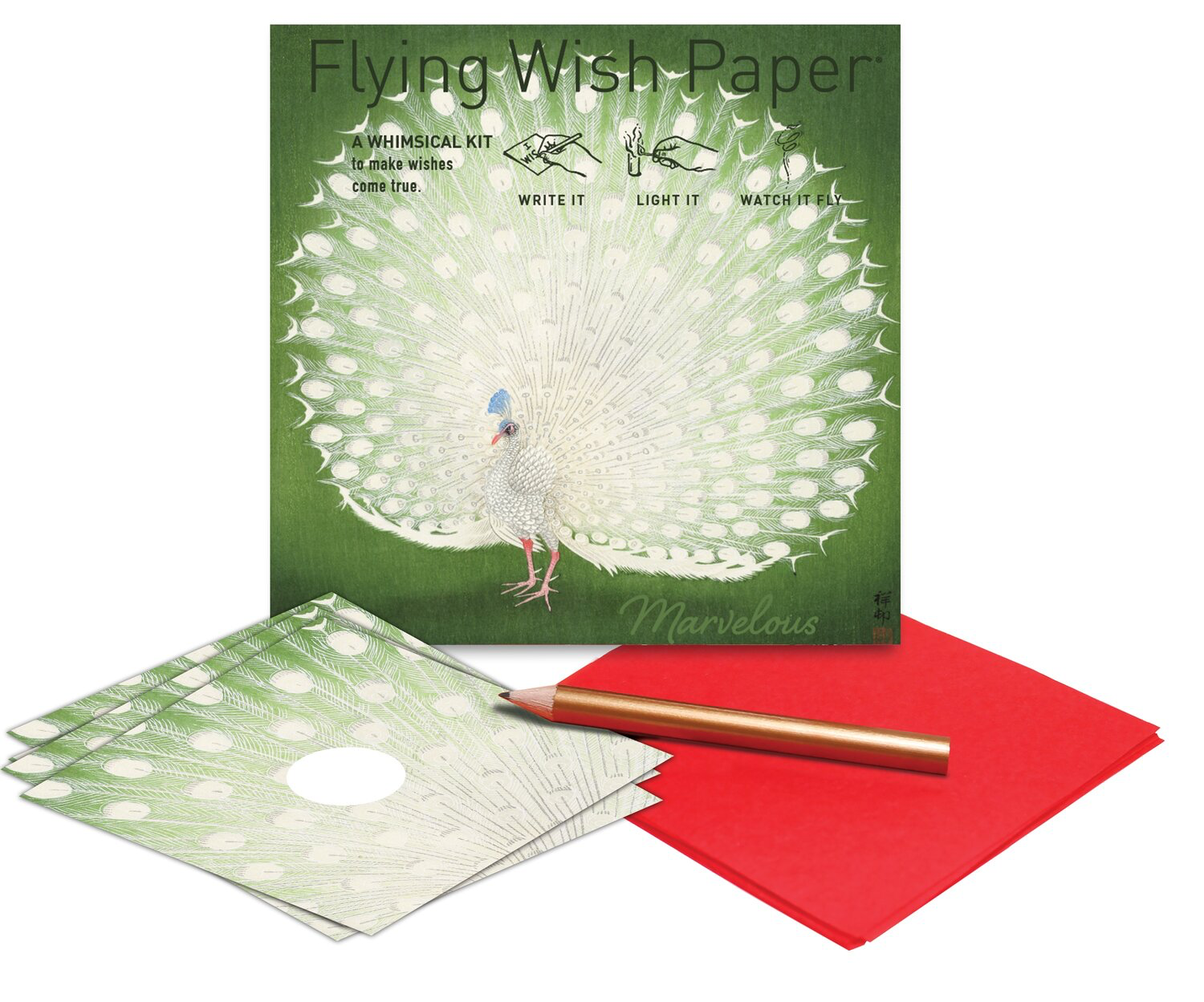 KIT FLYING WISH PAPER MINI KIT W/ 15 WISHES & ACCESSORIES, PEACOCK