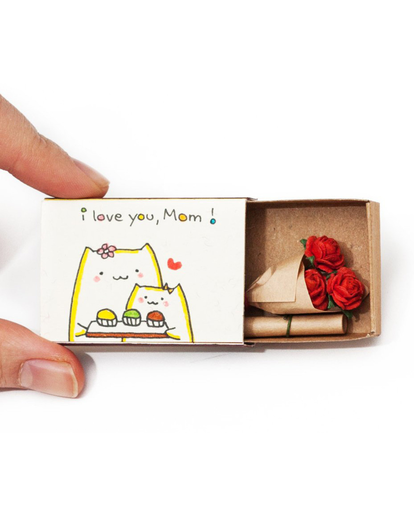 Matchbox Card with Flowers I Love You Mom Cats with Cupcakes