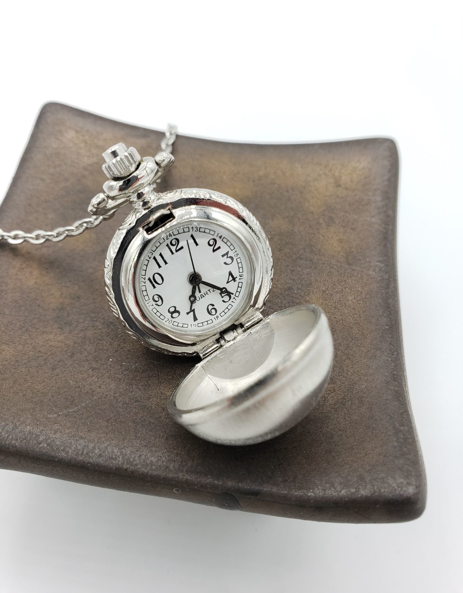 Spherical Pendant Watch Necklace, Brushed Silver tone