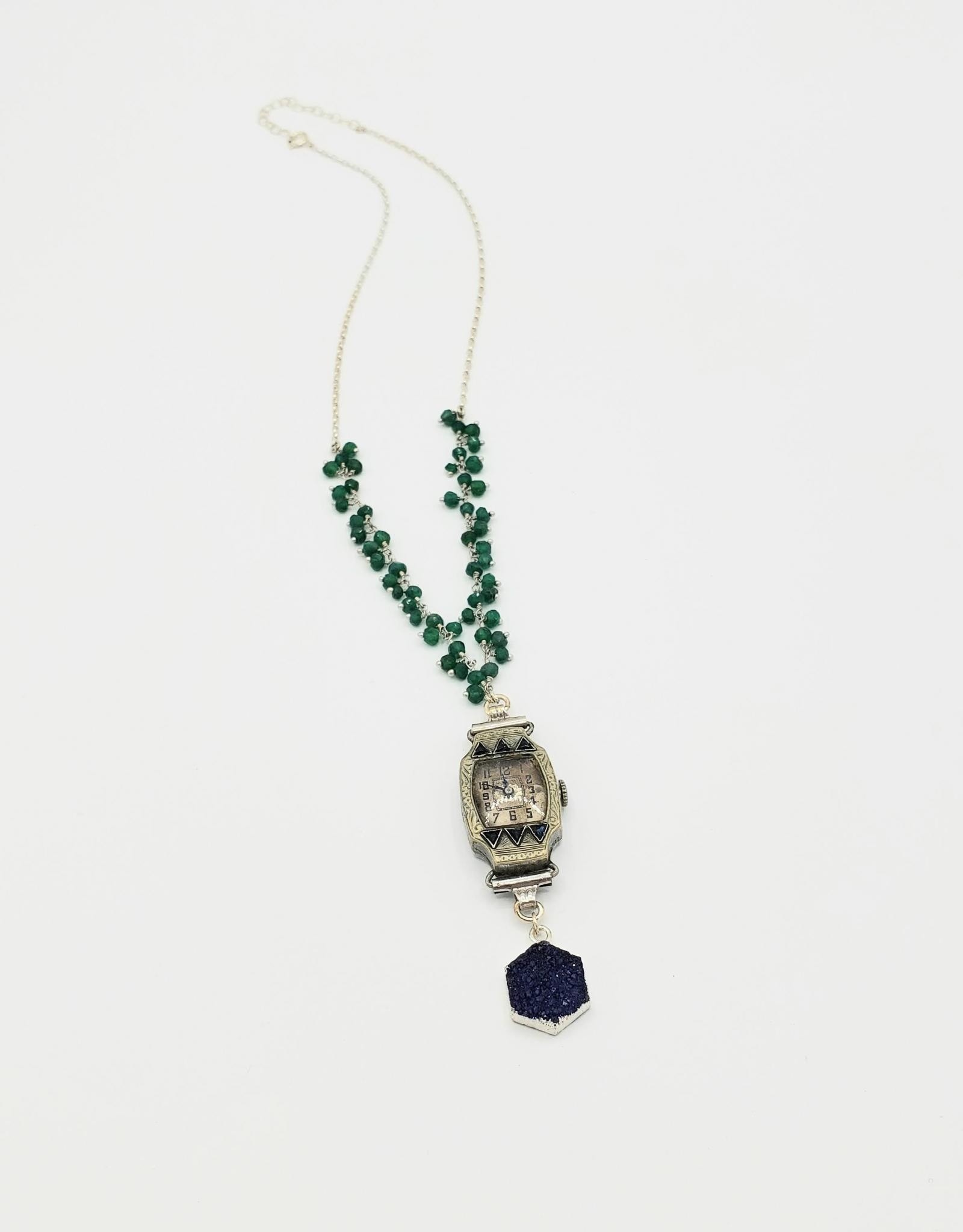 Redux Vintage Watch, Druzy Indigo Quartz Hexagon, Tiny Faceted Green Clusters on Sterling Silver Chain