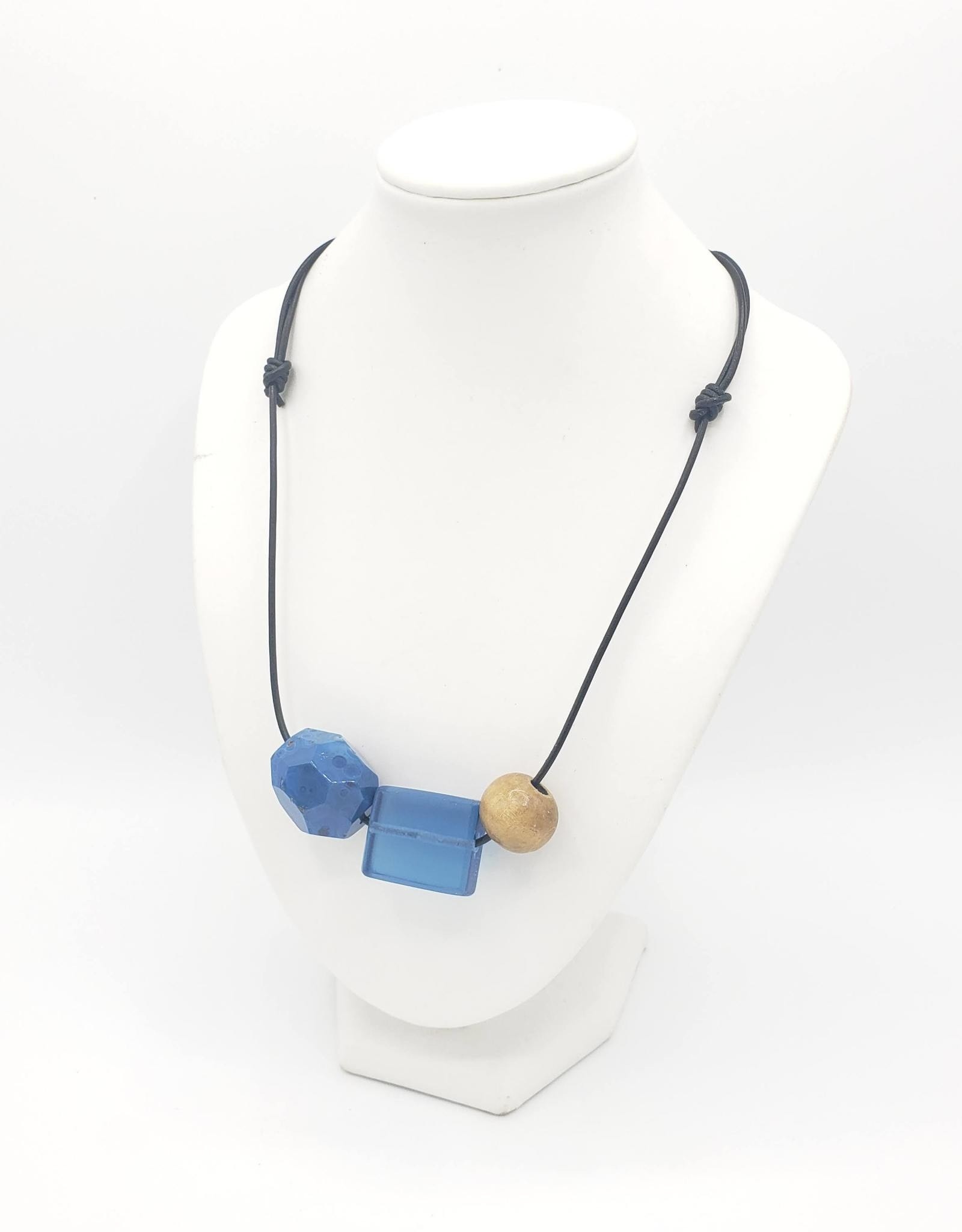 Redux Glass Bead, Blue Jasper & Wood Necklace on Leather Cord