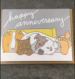 "Pets In Bed" Happy Anniversary Greeting Card - La Familia Green
