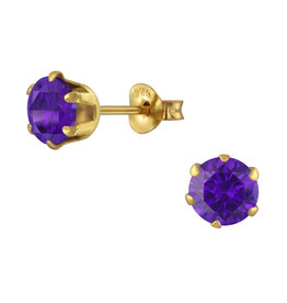 925 Jewelry 6mm Round Cubic Zirconia 14k Gold Plated Silver Stud Earrings - Violet + E-Coat (Anti-Tarnish)