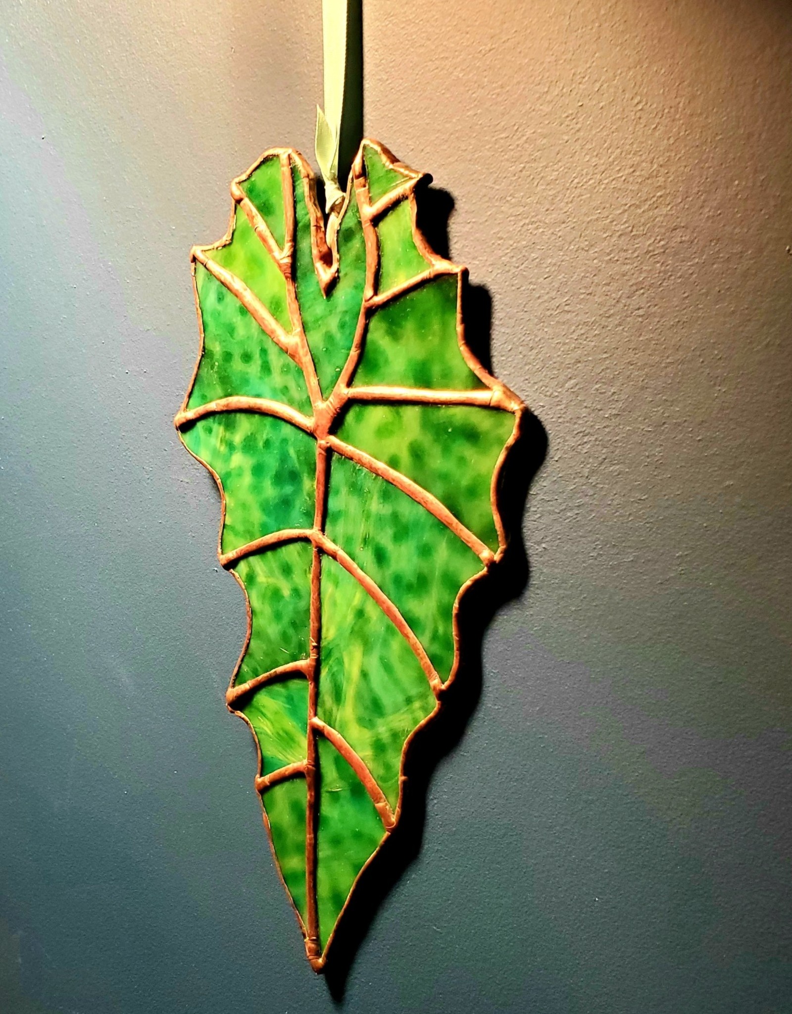 Redux Alocasia Leaf Stained Glass Window Hanging, Copper Patina