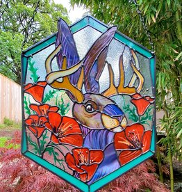 Magic Hour Glass Stained Glass Jackalope with Poppies
