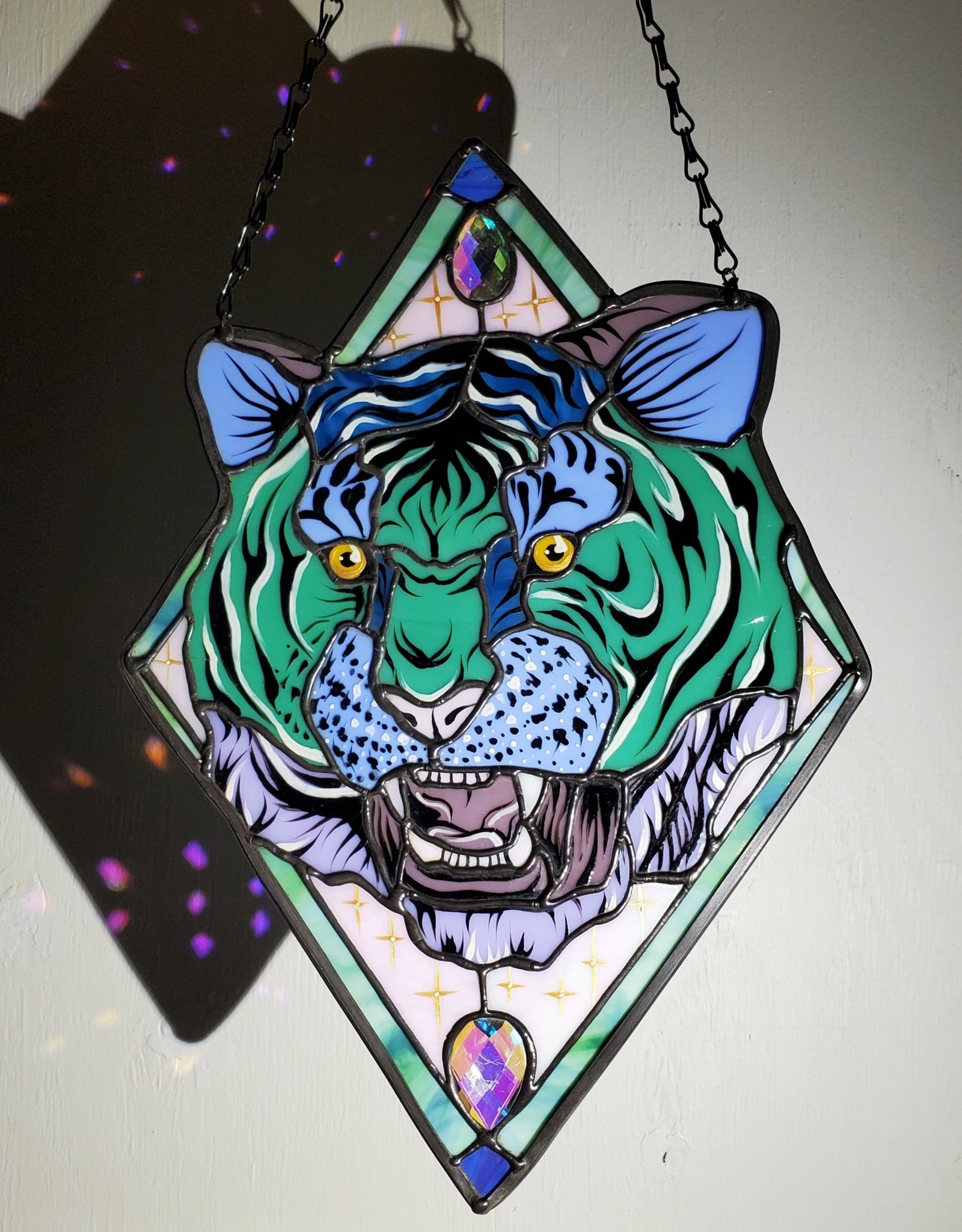 Magic Hour Glass Stained Glass Painted Tiger, Dichroic Gems