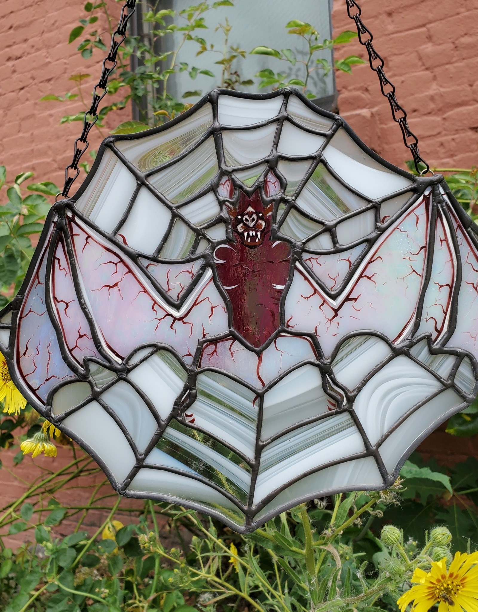 Redux Pink Bat & Spider Web Stained Glass Window Hanging