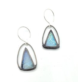 Redux Iridescent Grey Triangles Stained Glass Earrings inverted wire-work, Lead-free, Sterling Ear-hoops