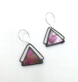 Redux Iridescent Red Triangles Stained Glass Earrings inverted wire-work, Lead-free, Sterling Ear-hoops