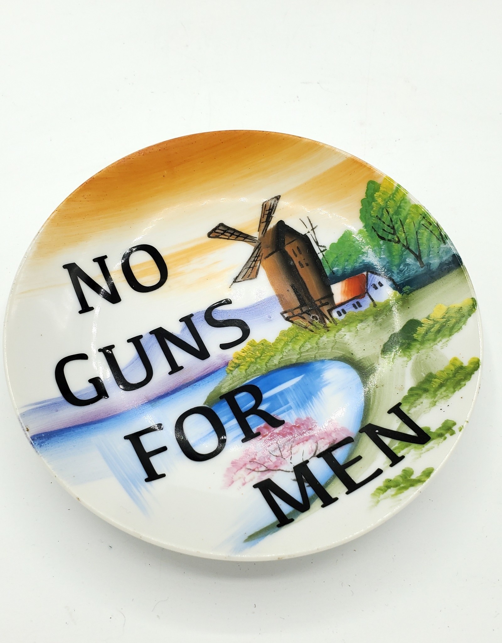 Redux "No Guns For Men" - Vintage Upcycled Plate Art