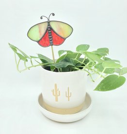 Magic Hour Glass Stained Glass Butterfly Plant Stake, Red/Mint