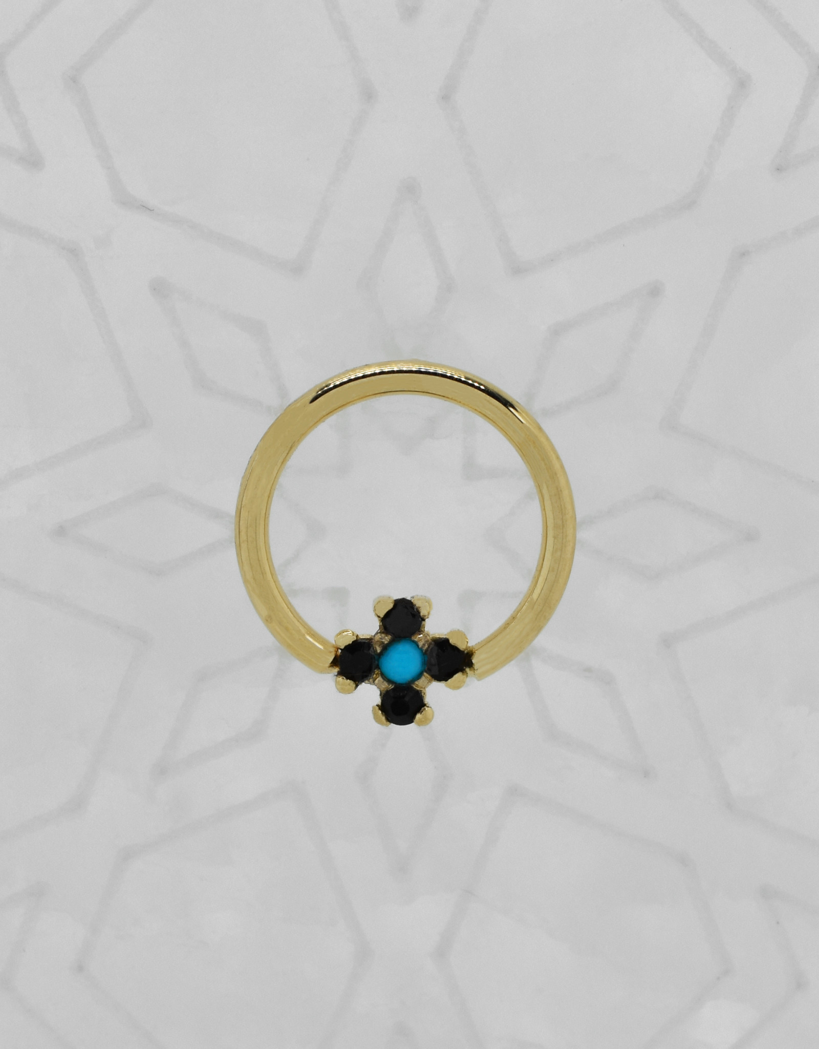 Quetzalli Quetzalli 16g 3/8” Soul ring Obsidian with Turquoise center nipple oriented YG