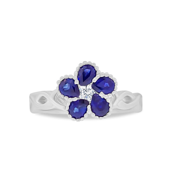 18KW Dia/Saph Flower Ring Di .15ct, Saph .85ct