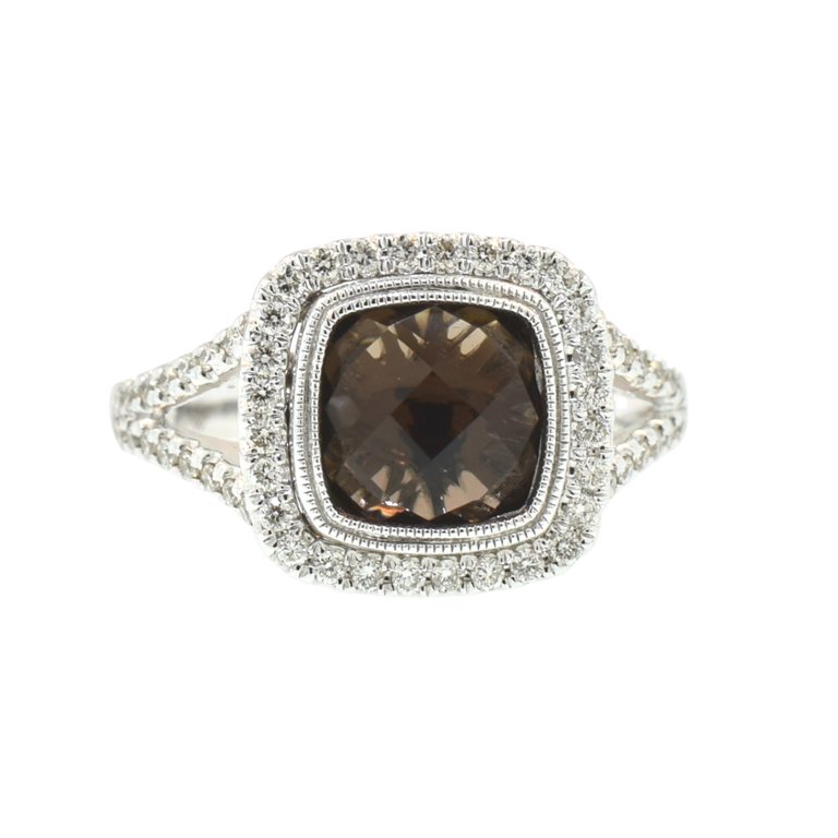 Smoky Quartz and Diamond Split Shank Ring