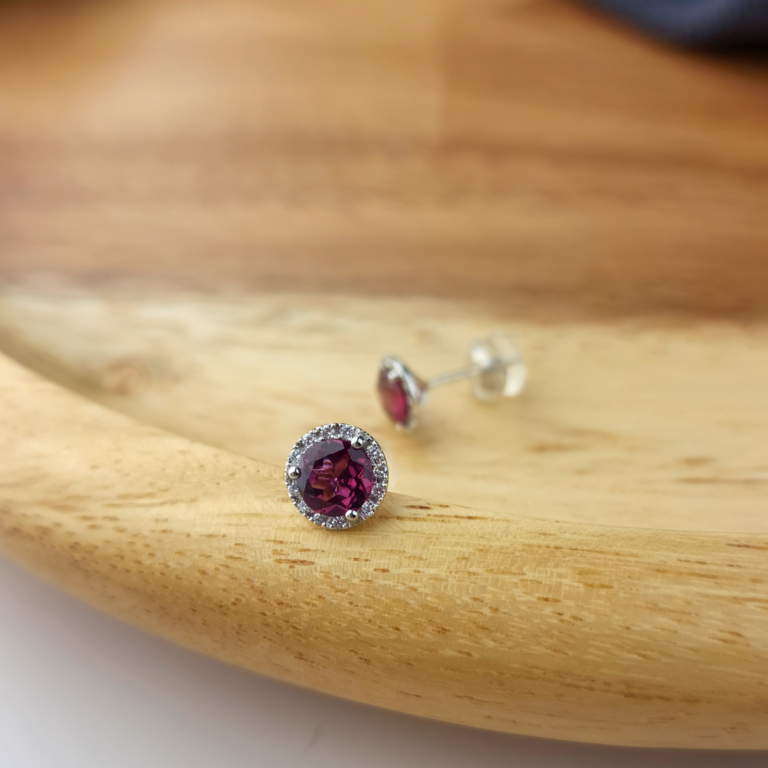 Rhodolite Garnet Stud Earrings with Diamond Halo